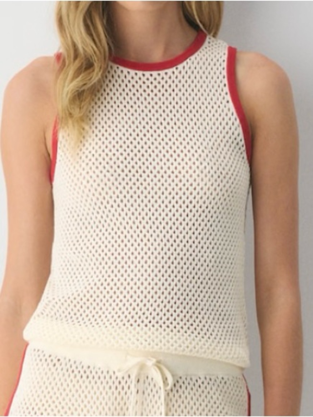 Aritzia Cream Mesh Tank with Red Contrast Trim